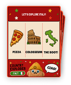 Children's book or educational material about Italy with illustrations of pizza, Colosseum, and Italian flag.
